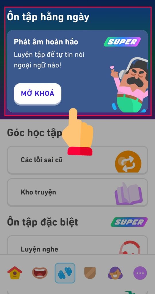 Bước 2: Tại giao diện ôn tập > Nhấp chọn Mở khoá Duolingo Super