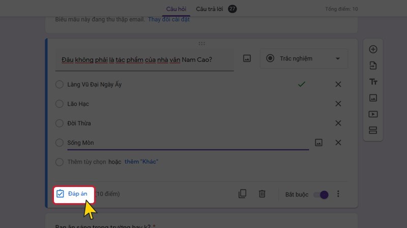 Bước 4: Chọn câu hỏi và đáp án