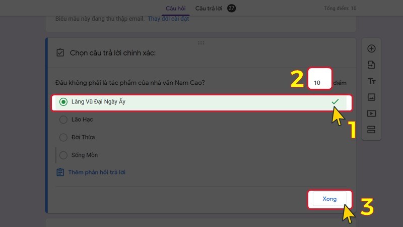 Bước 5: Chọn đáp án đúng và nhập điểm số